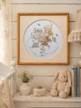 Handmade Vintage Framed Precious Moments Cross Stitch Nursery Wall Art 16" x 16"